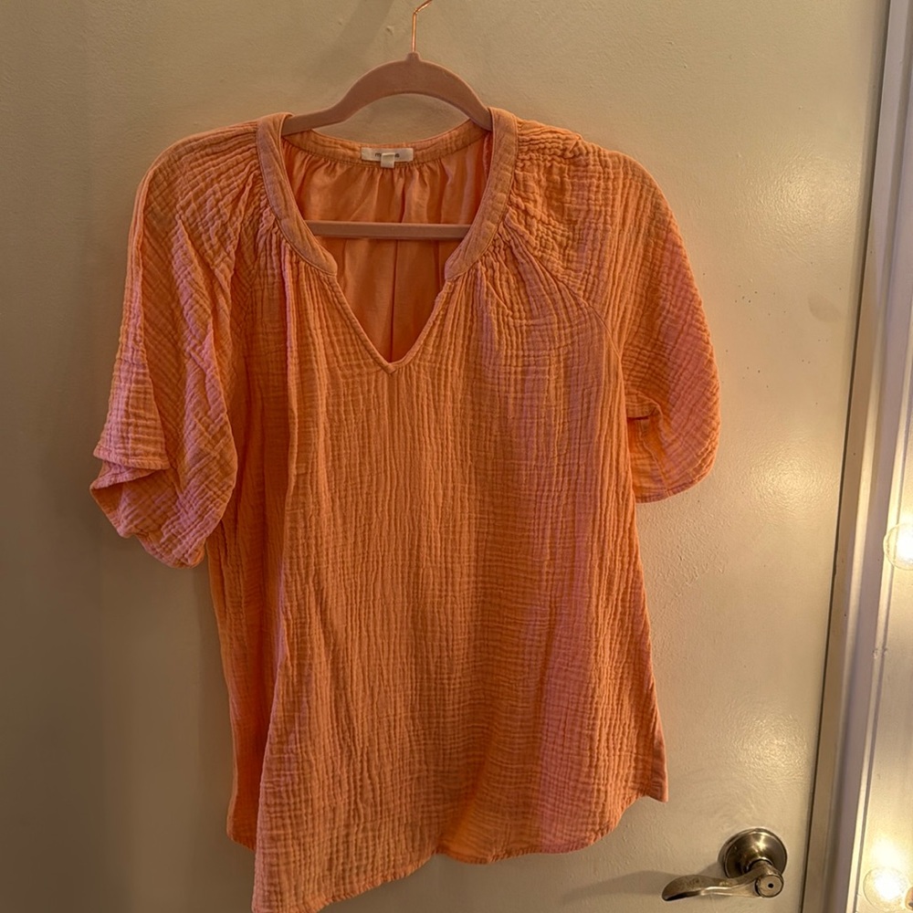 Peach S/S mixed material V-neck top